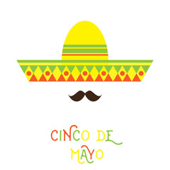 Abstract Mexican face with large mustache and sombrero hat cartoon flat style design element. Vector illustration.