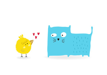 Bird in love with a Cat, vector illustration