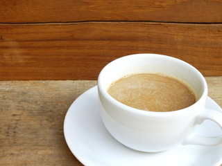 cup of coffee on a wooden table background