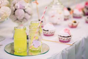 Dessert Sweet Tasty Cupcake In Candy Bar On Table. Delicious Swe