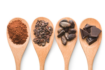 cocoa and dark chocolate in wooden spoons