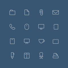 Office thin outline icon set with rounded corners - different symbols on the dark background