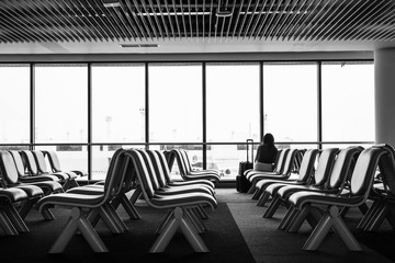 airport sitting black and white color