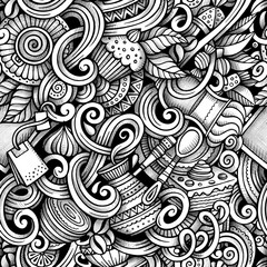 Cartoon hand-drawn doodles tea and coffee seamless pattern