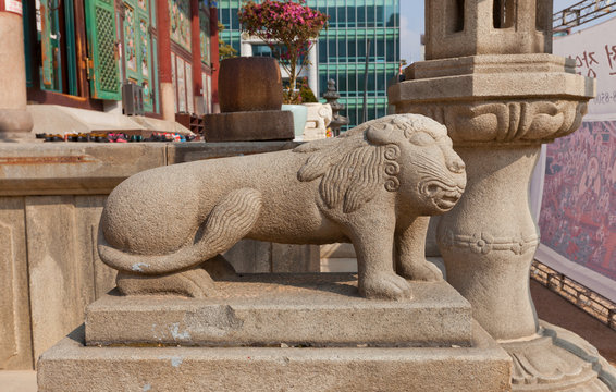 Statue of lion-like creature Haechi in Jogyesa Temple, Seoul, Ko