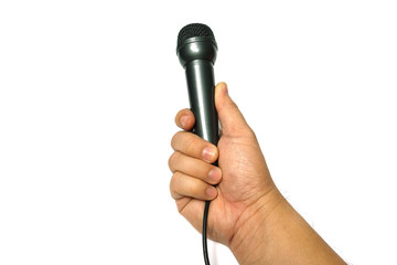 Man's hand holding microphone with white background 