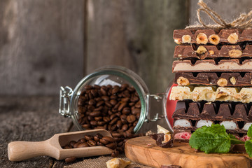 An assortment of white, dark, and milk chocolate