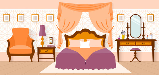 Bedroom Interior with furniture, curtains, dressing table. Interior design in a flat style. Vector illustration. Bedroom design.