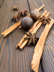 Star anise, nutmeg and cinnamon sticks