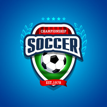 Soccer, football logo. Blue, red and green soccer football badge logo design template, sport logotype template. Soccer Themed T shirt. Football logo. Vector illustration.
