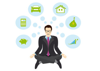 Sitting Businessman vector. Businessman meditating on a white background. Planning businessman with ideas