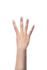 Obraz premium Counting woman hands four, number 4, isolated on white with clip