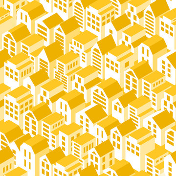 Sun Roofs Seamless Pattern. Vector Background With Isometric Town Houses.