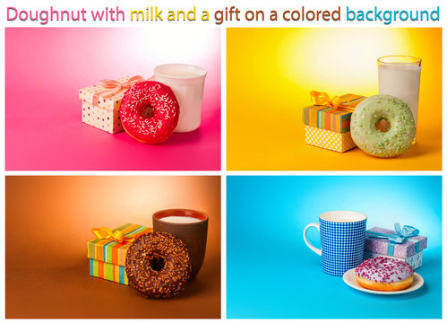 set doughnut with milk and a gift