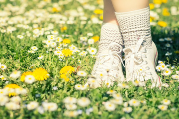 White sneakers and socks on woman's legs on grass during sunny summer day. Standing in a field of flowers.