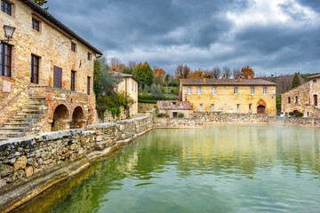 Fototapeta na wymiar Small town famous for its hot water springs in Tuscany, Bagno Vi