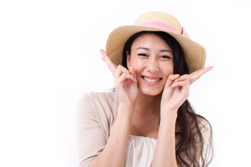 smiling lady with asian happy victory hand gesture