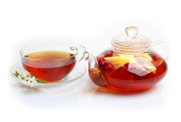 Tea cup kettle isolated white background
