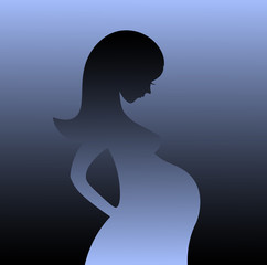 Silhouette of pregnant woman on gray background. Vector illustration.