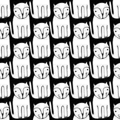 Cute monochrome Cats. Cartoon vector seamless pattern.