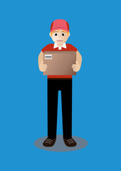 cartoon vector of man in red uniform delivery of box package