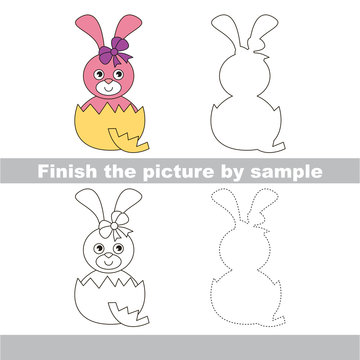 Pink Bunny in eggshell. Drawing worksheet.