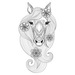 Obraz premium Vector Horse. Coloring page with Horse face. Hand drawn patterne