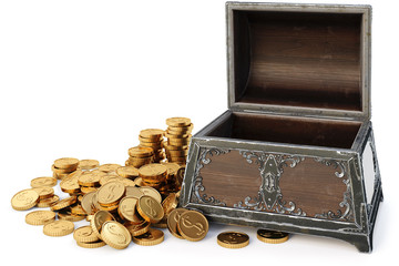 old wooden chest with gold coins. isolated on a white background. 3D illustration.