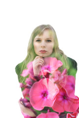 Fototapeta premium Double exposure woman portrait and blooming flowers