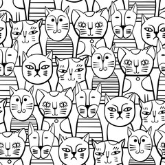 Cute monochrome Cats. Cartoon vector seamless pattern.