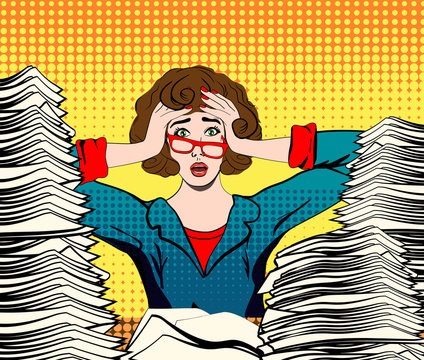stressed woman. stressed worker. businesswoman in panic. a young girl sits at his Desk and holds her hands on her head. pop art vector illustration. Paper Work. Stressed person concept.