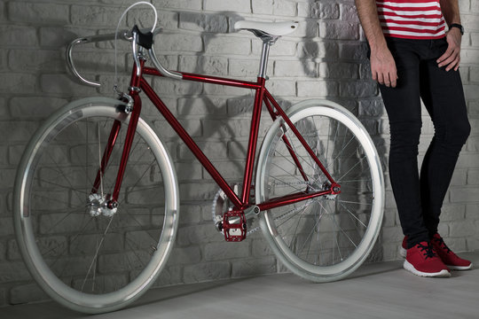 This is very trendy, red fixie bike