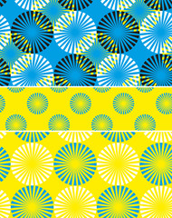 Fototapeta na wymiar 3 Japanese style triangle flowers seamless patterns in yellow and blue