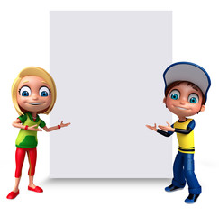 3D Render of Little Boy and Girl with white board