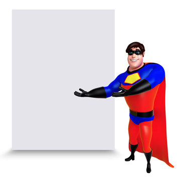 3D Rendered illustration of superhero with white board
