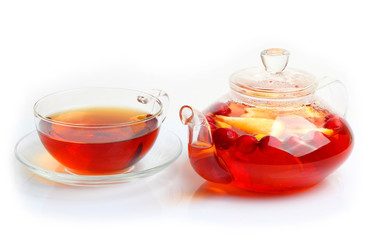 Tea cup kettle isolated white background
