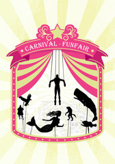 Carnival. Funfair. Illustrations of circus and mupets