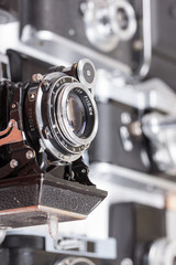 Set of old vintage cameras selective focus