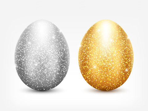Vector metal Easter eggs set. Realistic silver and golden glitter eggs collection for your design.