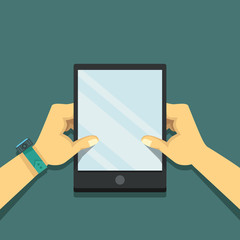 Hands holing tablet computer with blank screen. Flat digital illustration