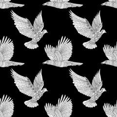 Seamless pattern with flying raven and dove. 