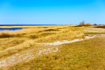 Lovely scenic view over the shoreline at Falsterbo, Sweden. Small sand dunes mix with reed and the seawater. The bridge to Denmark visible far in the background.