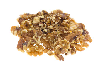 Portion of shelled walnuts on a white background