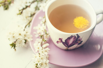 Hot drink cup beside window whith spring flower