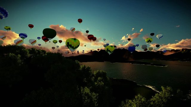 Air balloons flying above lake surrounded by mountains, beautiful sunset, tilt
