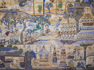 Fototapeta premium tradition Thai Painting on the wall of the church in the temple.