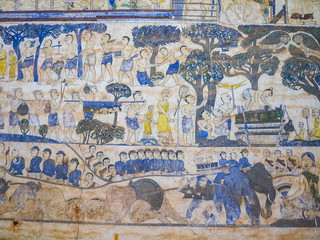 tradition Thai Painting on the wall of the church in the temple.