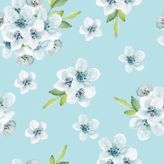 Seamless floral  pattern with blue flowers. Watercolor hand drawn