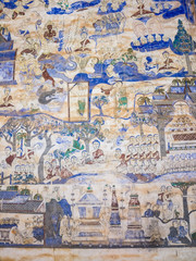 tradition Thai Painting on the wall of the church in the temple.