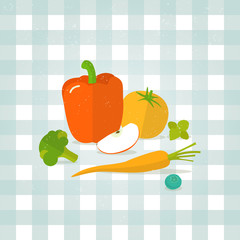 Vector vegetables, fruit illustration. Minimalist fresh food icon in flat style. Pepper, tomato, carrot, blueberry, apple, broccoli, mint. Checkered tablecloth background.